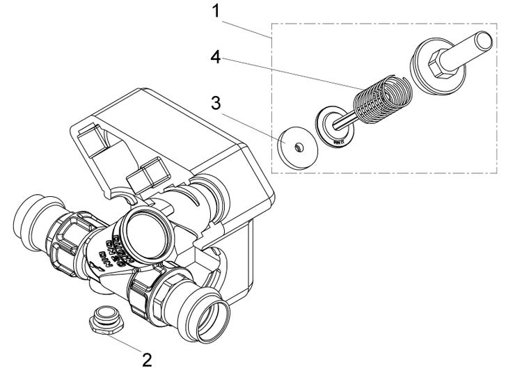 Technische Zeichnung einer Armatur mit nummerierten Ersatzteilen bestehend aus Gehäuse, Stopfen, Dichtscheibe und Feder.
