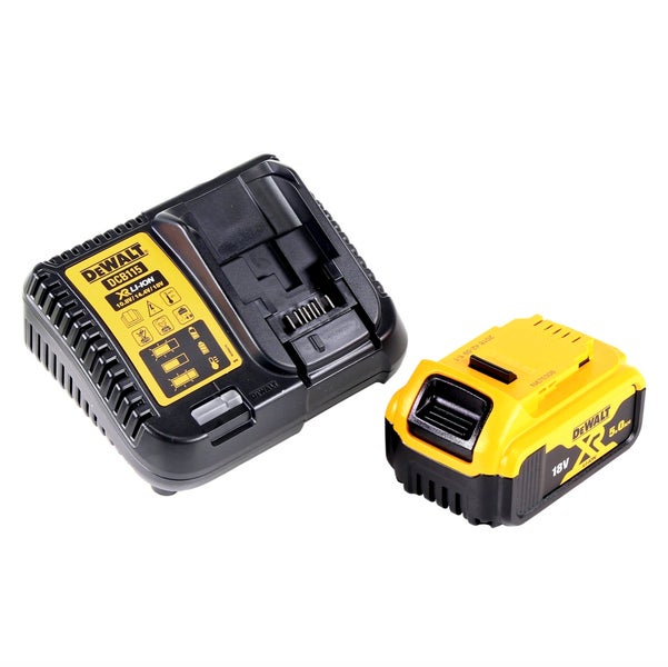 DeWalt Akku Starter Set bestehend aus dem Schnellladegerät DCB115 und einem 18 Volt 5,0 Ah XR Li-Ionen Akku.