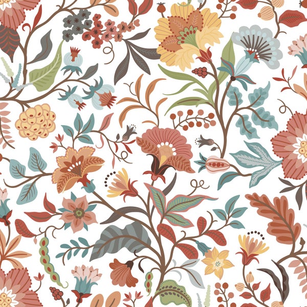 Tapetenmuster mit stilisierten Blumen und Blättern. Florales Design mit verschiedenen Pflanzenmotiven.