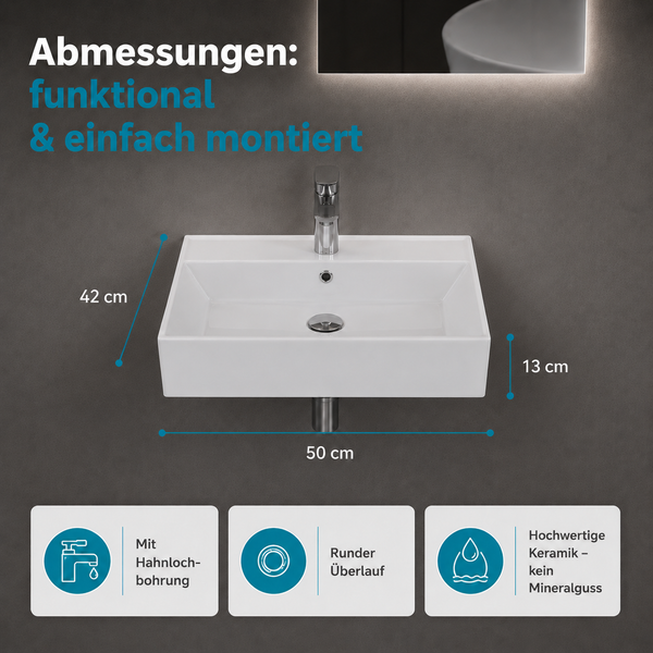 Keramik-Waschbecken mit Abmessungen 50 mal 42 mal 13 Zentimeter, Hahnlochbohrung, rundem Überlauf und hochwertiger Keramik.