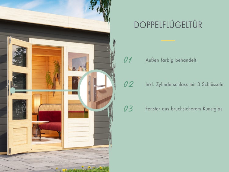Gartenhaus mit Doppelflügeltür, farbig behandelte Wände, inklusive Zylinderschloss mit drei Schlüsseln und Fenstern aus bruchsicherem Kunstglas.