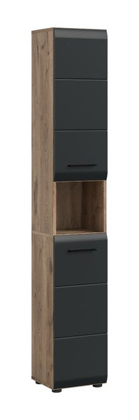 Hochschrank für das Badezimmer, Korpus in Eichenoptik, Fronten in Anthrazit matt, mit offenem Fach und schwarzen Griffen.