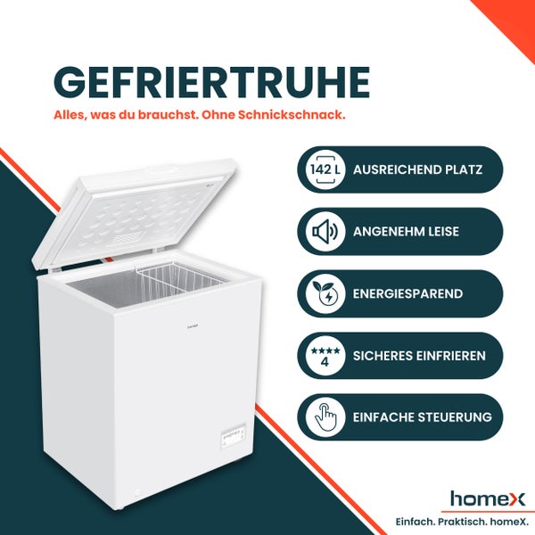 Weiße Gefriertruhe mit offenem Deckel und den Hinweisen ausreichend Platz, angenehm leise, energiesparend, sicheres Einfrieren und einfache Steuerung