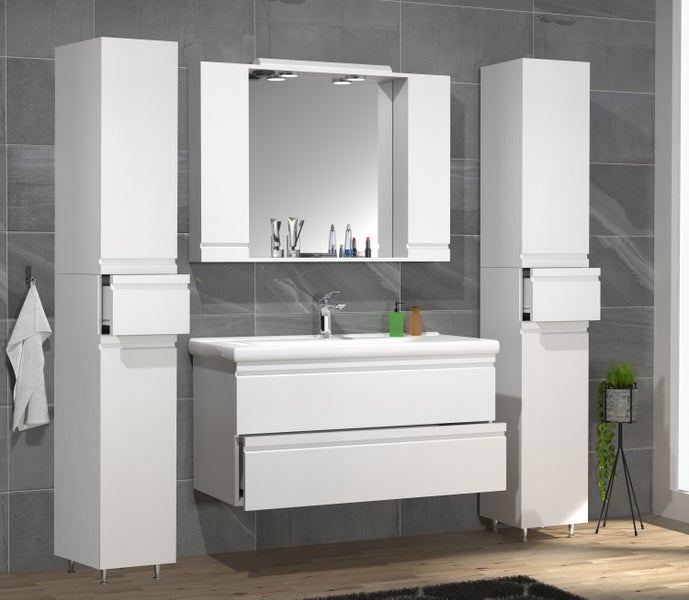 Badezimmerensemble mit Waschbeckenunterschrank, Spiegelschrank und Hochschränken