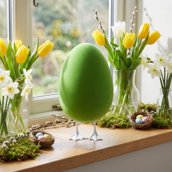 Osterdekoration in Form eines Eies mit Vogelfüßen auf einer Fensterbank mit Frühlingsblumen und kleinen Osternestern