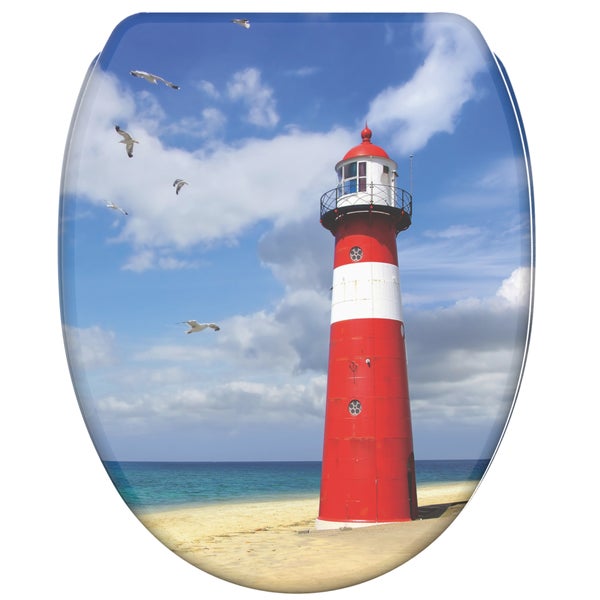 WC-Sitz mit Motiv Leuchtturm am Strand und Möwen am Himmel