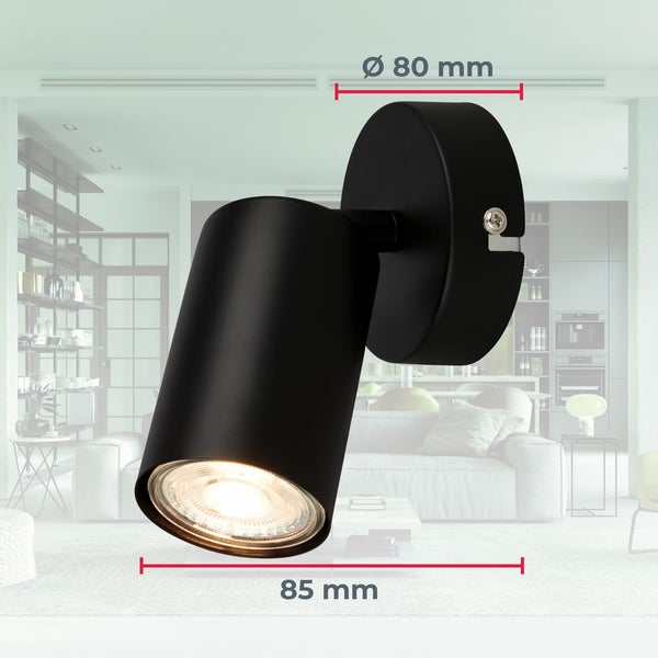 Schwarzer Wandstrahler mit verstellbarem Kopf, Durchmesser der Wandhalterung 80 Millimeter, Länge 85 Millimeter.