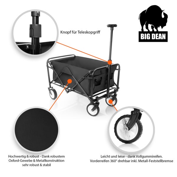 BigDean Bollerwagen faltbar schwarz belastbar bis 80kg – kompakter Bollerwagen platzsparend zusammenklappbar für Ausflüge, Camping & Einkäufe