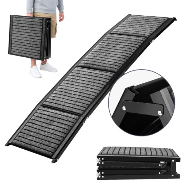 Klappbare Hunderampe in Schwarz und Grau aus Aluminium mit rutschfester Oberfläche, tragbar und mehrteilig ausklappbar.