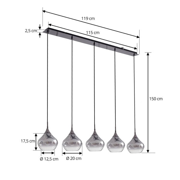 Fünfflammige Pendelleuchte mit rauchglasfarbenen Schirmen in Tropfenform inklusive Maßangaben. Länge 119 Zentimeter, Höhe 150 Zentimeter.