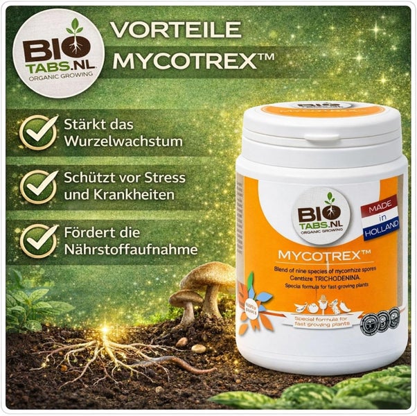 BioTabs.nl Logo. Mycotrex Dünger aus Holland stärkt Wurzelwachstum, schützt vor Stress und Krankheiten, fördert Nährstoffaufnahme.