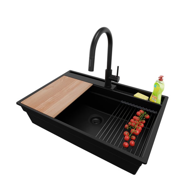PRIMAGRAN Granitspüle Alles Schwarz 78x53cm, Spülbecken 1 Becken + Küchenarmatur 40x20cm + Ablauf-Set + Küchenzubehörset, Küchenspüle ab 80er Unterschrank - Oslo Pocket