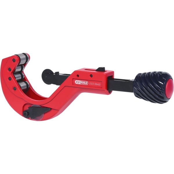 Roter KS Tools Rohrabschneider 222.0660 für Metallrohre mit Rollenführung und schwarzem Drehknauf.