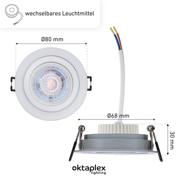 Einbaustrahler mit wechselbarem Leuchtmittel und Maßangaben
