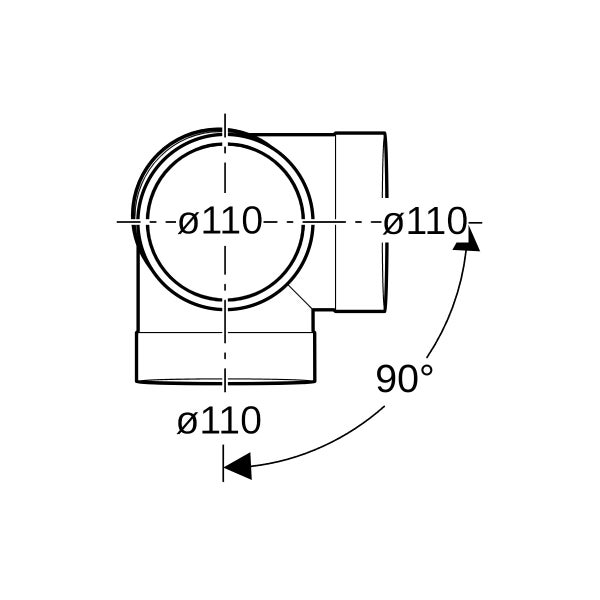 Technische Zeichnung eines 90 Grad Rohrbogens mit einem Durchmesser von 110 Millimetern.