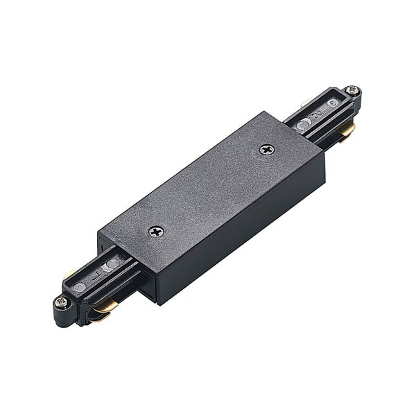 Schwarzer Längsverbinder für 3-Phasen-Stromschienen aus Kunststoff mit Metallkontakten.