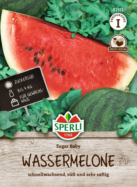 Samenpacket fuer Wassermelone Sorte Sugar Baby von Sperli mit Informationen zu Gewicht und Anbau im Gewaechshaus