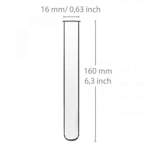 Reagenzglas aus Klarglas mit den Maßen 16 Millimeter Durchmesser und 160 Millimeter Länge.