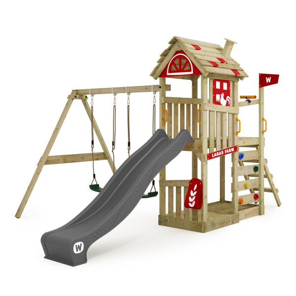 WICKEY Spielturm Klettergerüst FarmFlyer mit Schaukel und Rutsche, Kletterturm mit Sandkasten, Leiter und Spiel-Zubehör - anthrazit