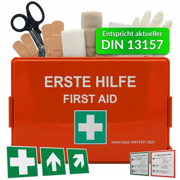 Erste Hilfe Koffer nach DIN 13157 mit Schere, Pflaster, Verbänden, Handschuhen, Rettungszeichen und Notfallanleitungen.
