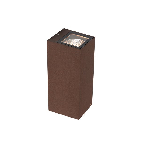 Rechteckige Außenleuchte in Rostoptik mit Lichtaustritt nach oben durch eine Glasplatte.