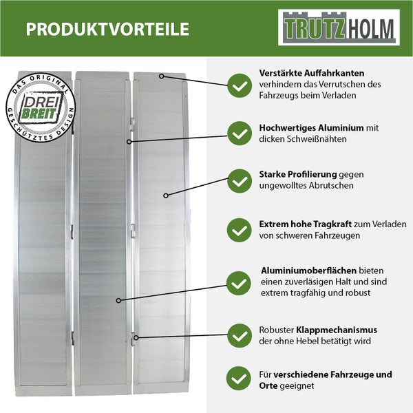 Trutzholm Auffahrrampe aus Aluminium mit Klappmechanismus, verstärkten Kanten, hoher Tragkraft, profilierter Oberfläche und geschütztem Design.