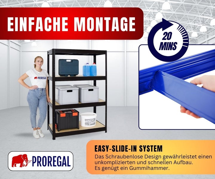 Schwerlastregal von Proregal mit 4 Böden. Einfache Montage in 20 Minuten dank schraublosem Stecksystem. Proregal Logo.