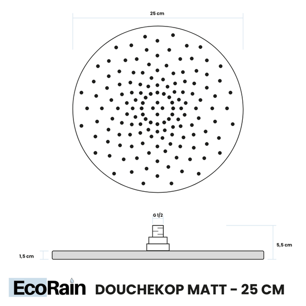 EcoRain 30% Wassersparender Regenduschkopf Matt 25 CM Rund - Hoher Wasserdruck - Universeller Anschluss - Anti-Kalk Duschkopf - Chrom