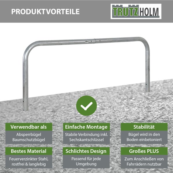 Produktvorteile eines Stahlbügels für Absperrungen und Baumschutz mit Trutzholm Logo