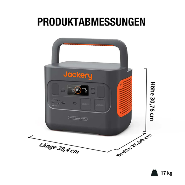Jackery Explorer 1500 Pro tragbare Powerstation: Länge 38,4 Zentimeter, Breite 26,90 Zentimeter, Höhe 30,76 Zentimeter, Gewicht 17 Kilogramm.