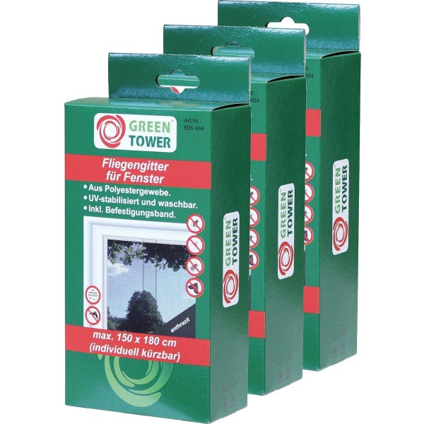 Drei Packungen Green Tower Fliegengitter für Fenster aus Polyestergewebe, maximal 150 mal 180 Zentimeter, UV-stabilisiert, waschbar und individuell kürzbar.