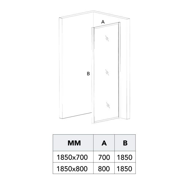 Technische Zeichnung einer Duschwand mit Maßangaben.