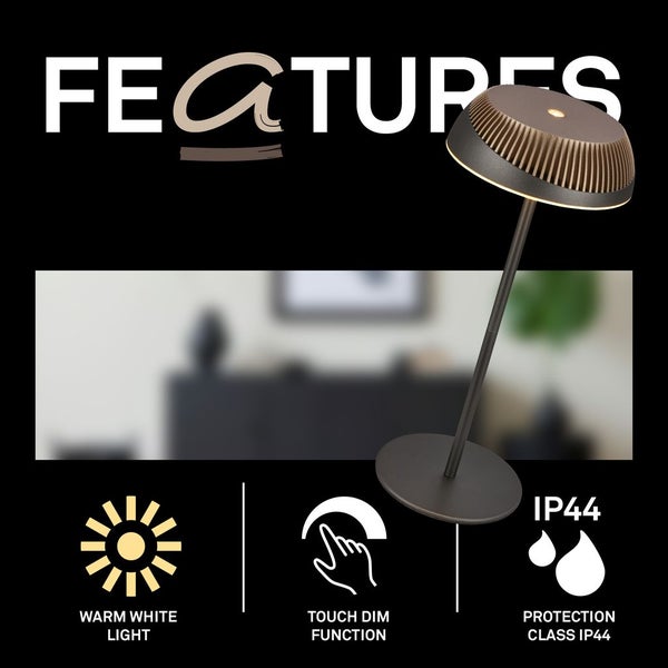 LED-Tischleuchte mit Funktionen für warmweißes Licht, Touch-Dimmfunktion und Schutzart IP44.