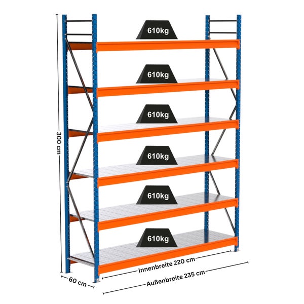 Lagerregal mit sechs Ebenen und einer Traglast von 610 Kilogramm pro Ebene