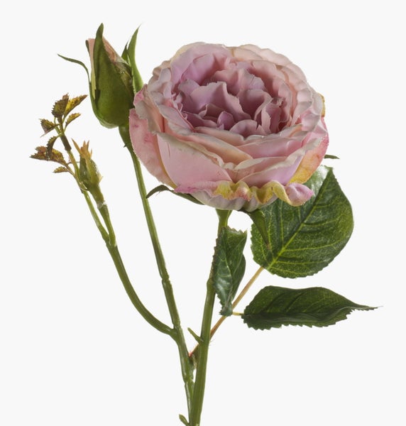 Künstliche Rose mit einer Blüte und einer Knospe an einem grünen Stiel mit Blättern.