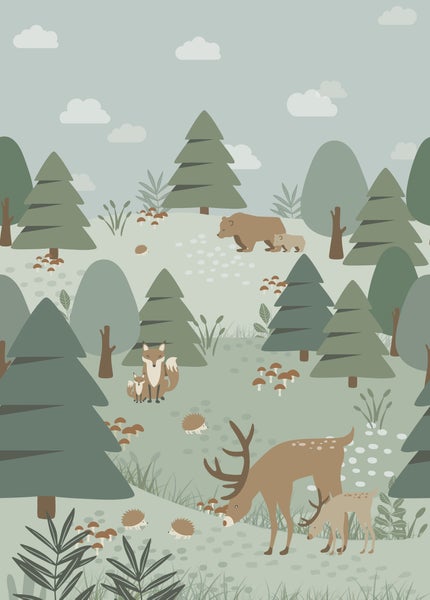 Illustration eines Waldes mit Tieren wie Bären, Füchsen, Hirschen und Igeln