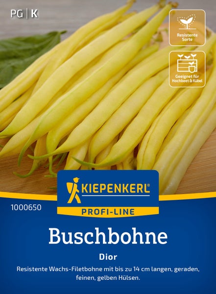 Saatgut Buschbohne Dior von Kiepenkerl Profi-Line, eine resistente Wachs-Filetbohne mit 14 Zentimeter langen, geraden, feinen, gelben Hülsen.