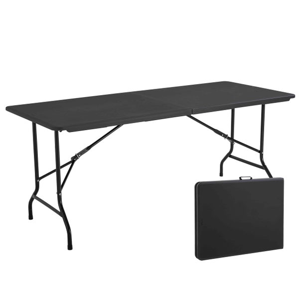 Schwarzer Klapptisch aus Kunststoff mit Metallgestell, zusammenklappbar mit Tragegriff.