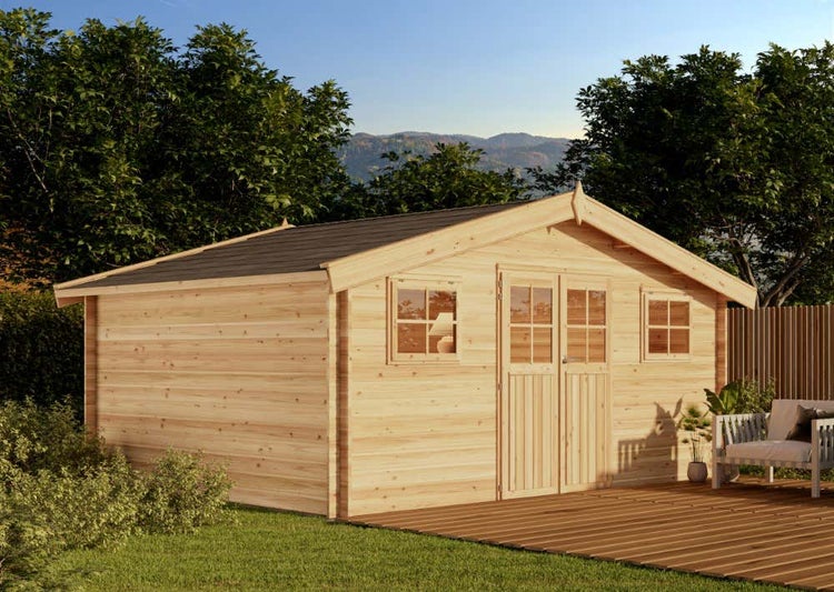 Alpholz Gerätehaus Hudson 505x385 Gartenhaus aus Holz, Holzhaus mit 28 mm Wandstärke, Blockbohlenhaus, Naturbelassen 5,3x4,1m