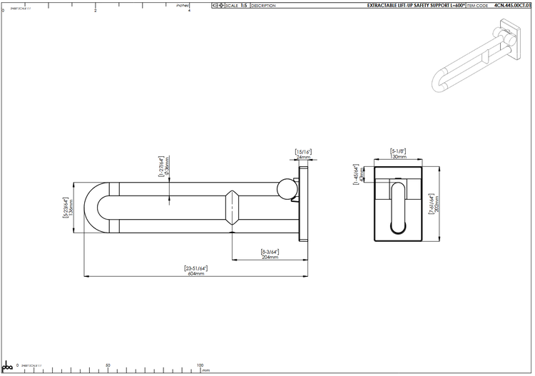 pba Logo. Technische Zeichnung eines ausziehbaren Stützklappgriffs für barrierefreie Bäder mit Maßangaben in Millimetern.