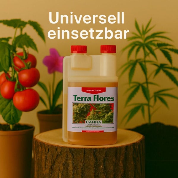 Eine Flasche Canna Terra Flores Blumendünger auf einem Baumstamm mit Pflanzen im Hintergrund und der Text Universell einsetzbar.