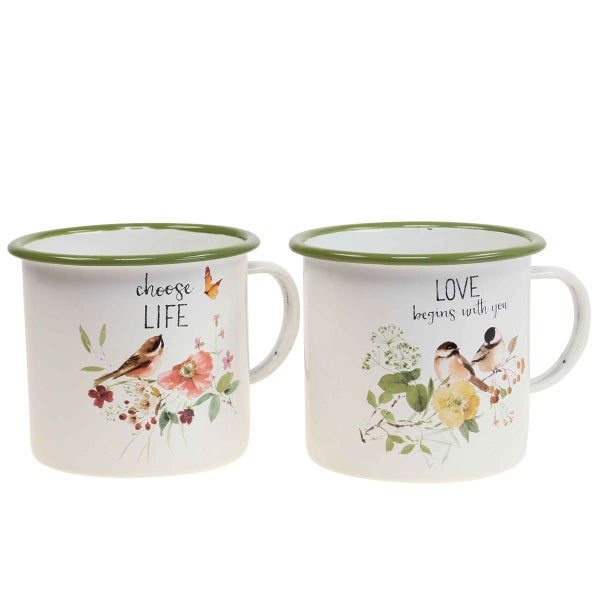 Zwei Emaillierte Tassen mit Vogel- und Blumendesign