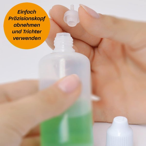 Abnehmbarer Präzisionskopf einer Kunststoffflasche zum einfachen Befüllen.