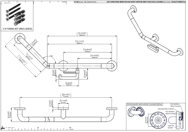 Technische Zeichnung eines winkligen Stützgriffs aus Nylon in Weiß mit Toilettenpapierhalter und Maßangaben für die Montage.
