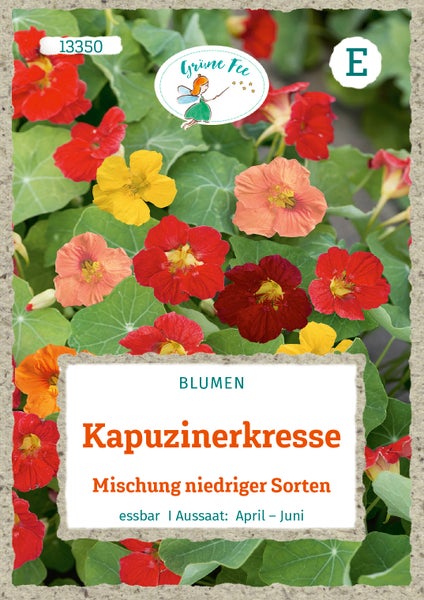 Samentüte für Kapuzinerkresse, Mischung niedriger Sorten, essbare Blüten, Aussaat von April bis Juni, Grüne Fee Logo.