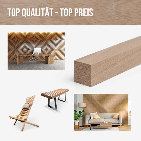 Collage verschiedener Holzprodukte für den Innenbereich mit dem Text Top Qualität – Top Preis.