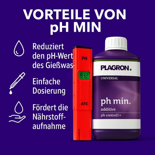 Vorteile von pH-Min: Reduziert den pH-Wert des Gießwassers, einfache Dosierung, fördert Nährstoffaufnahme, pH-Messgerät, Plagron Logo