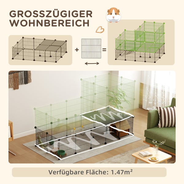 PawHut Kleintiergehege Kleintierkäfig mit 39 Platten Freigehege mit Rampe DIY Gittergehege Metall Kleintiere öffenbar Schwarz 140 x 70 x 105 cm