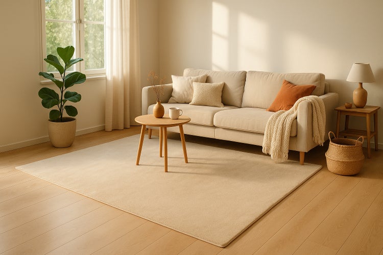 Ein helles Wohnzimmer mit einem beigen Sofa, einem runden Holztisch, einem großen Teppich auf Holzboden und einer Zimmerpflanze am Fenster.