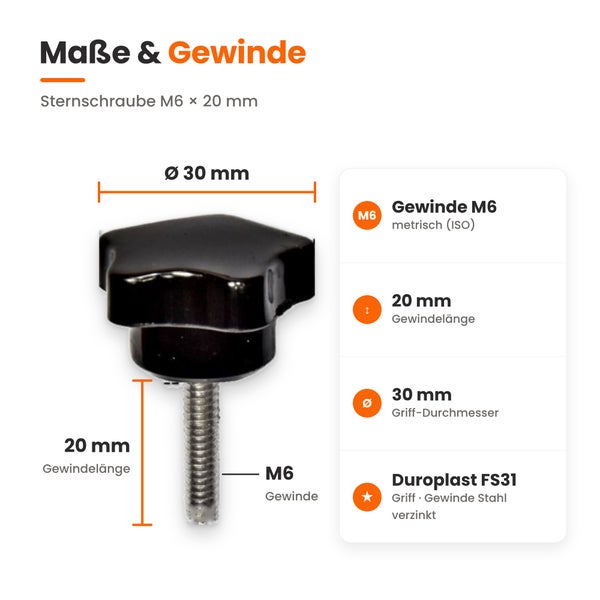 Maßzeichnung einer Sternschraube mit M6 Gewinde, 20 Millimeter Gewindelänge und 30 Millimeter Griffdurchmesser aus Duroplast und verzinktem Stahl.